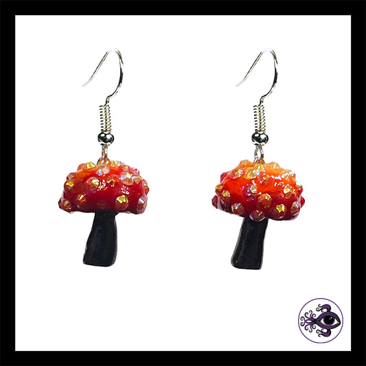 Mushrooms - Orange & Black Sparkle Amanita - Handmade Clay Dangle Earrings