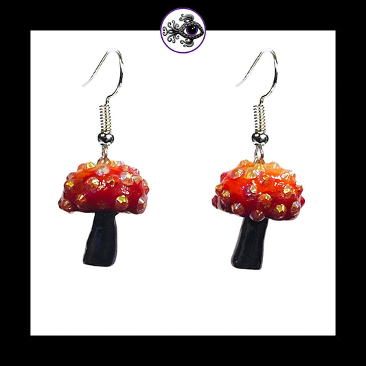 Mushrooms - Orange & Black Sparkle Amanita - Handmade Clay Dangle Earrings