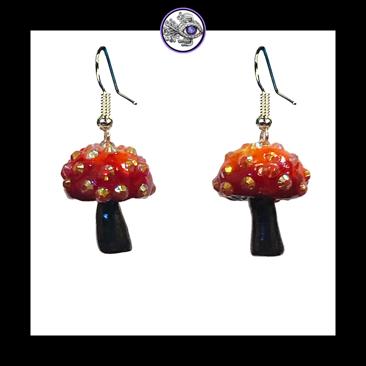 Mushrooms - Orange & Black Sparkle Amanita - Handmade Clay Dangle Earrings