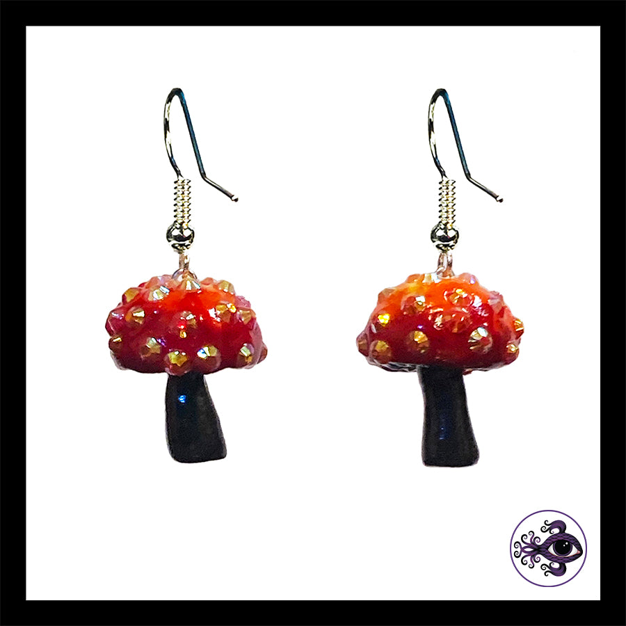 Mushrooms - Orange & Black Sparkle Amanita - Handmade Clay Dangle Earrings