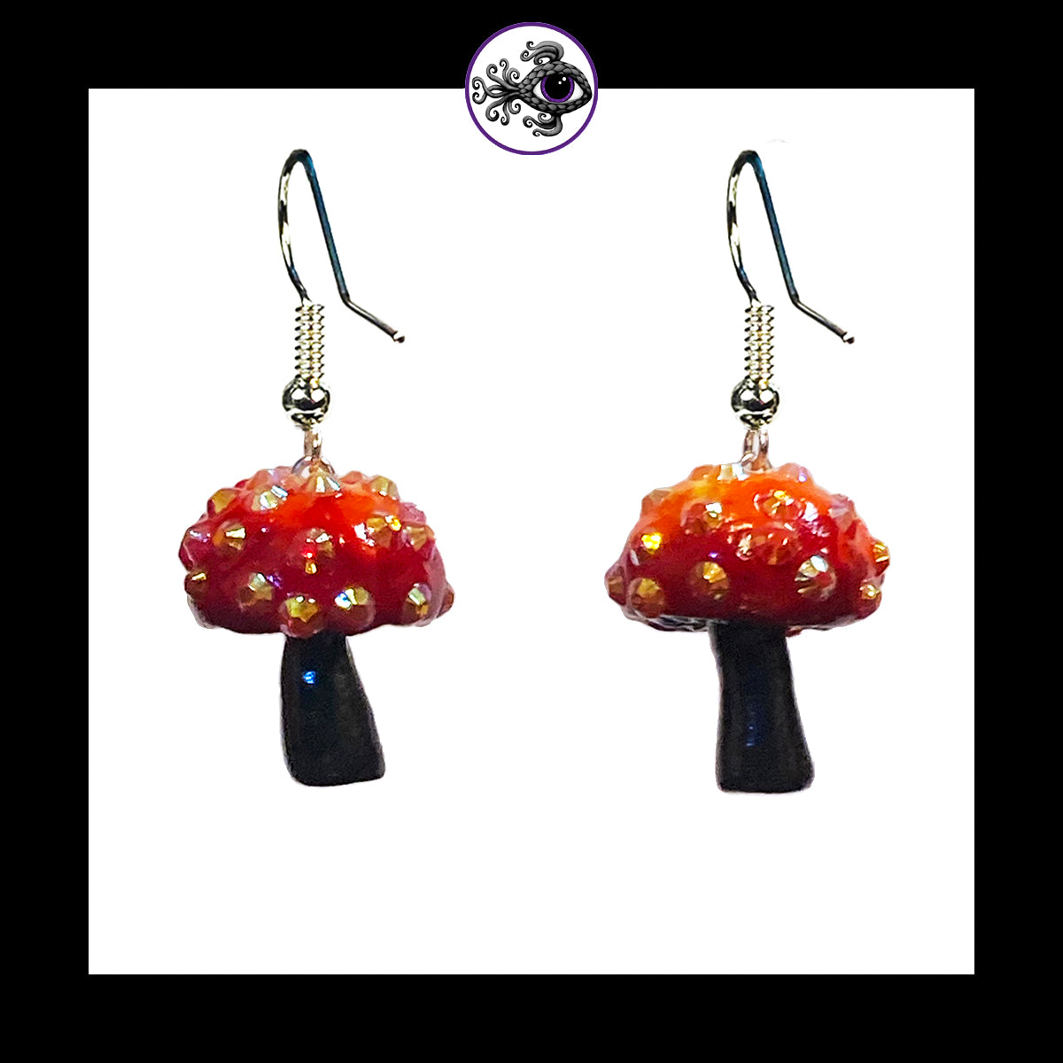 Mushrooms - Orange & Black Sparkle Amanita - Handmade Clay Dangle Earrings