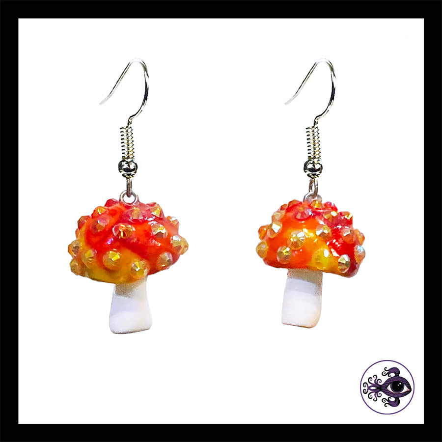 Mushrooms - Orange & White Sparkle Amanita - Handmade Clay Dangle Earrings *Custom Order Only*
