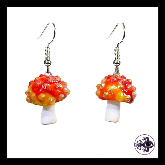 Mushrooms - Orange & White Sparkle Amanita - Handmade Clay Dangle Earrings *Custom Order Only*