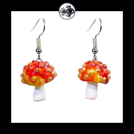 Mushrooms - Orange & White Sparkle Amanita - Handmade Clay Dangle Earrings *Custom Order Only*