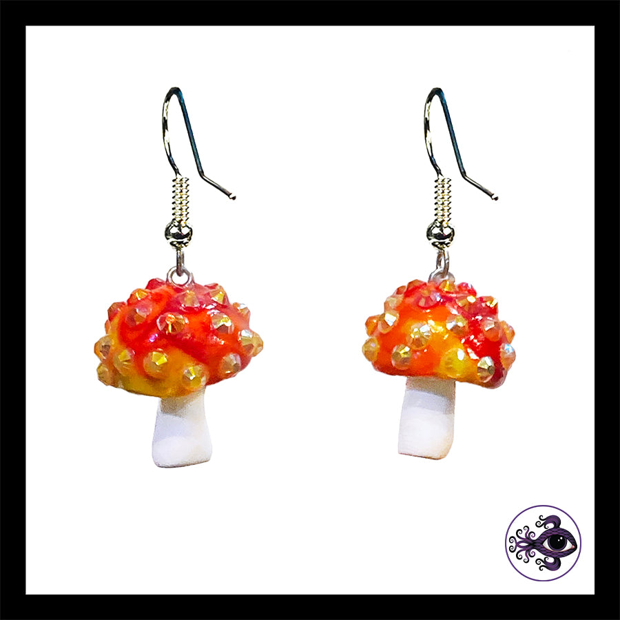 Mushrooms - Orange & White Sparkle Amanita - Handmade Clay Dangle Earrings *Custom Order Only*