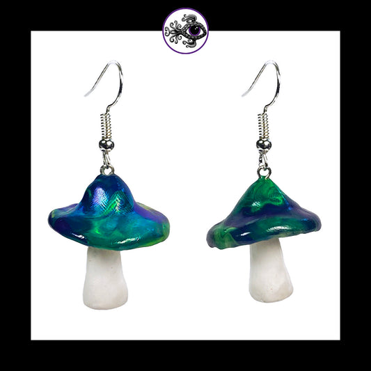 Mushrooms - Blue & Green Swirl - Handmade Clay Dangle Earrings