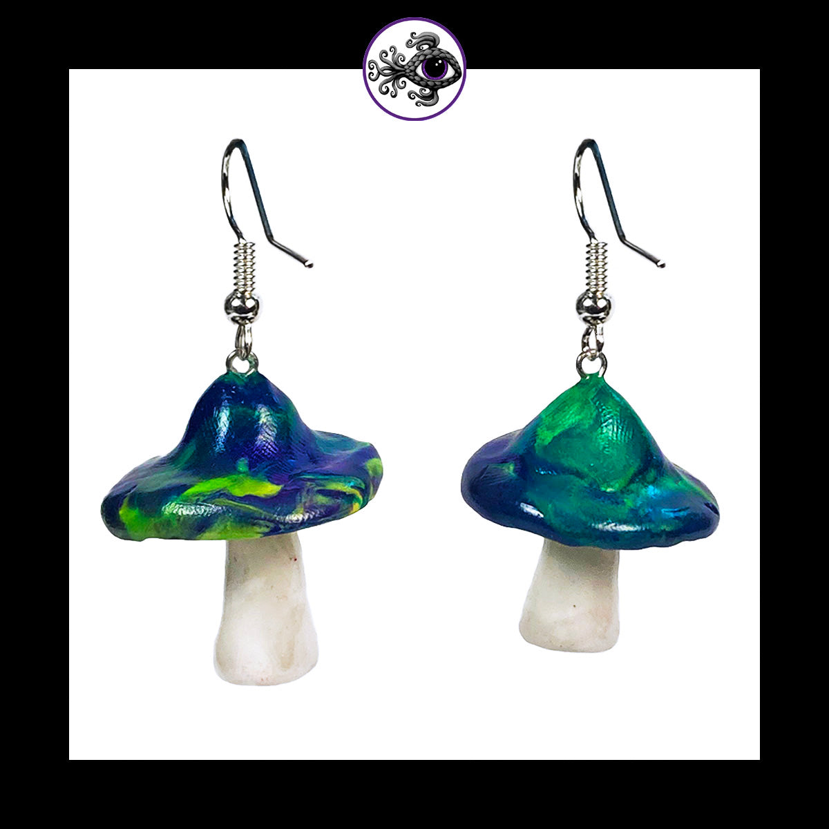 Mushrooms - Blue & Green Swirl - Handmade Clay Dangle Earrings