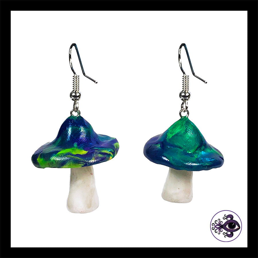 Mushrooms - Blue & Green Swirl - Handmade Clay Dangle Earrings