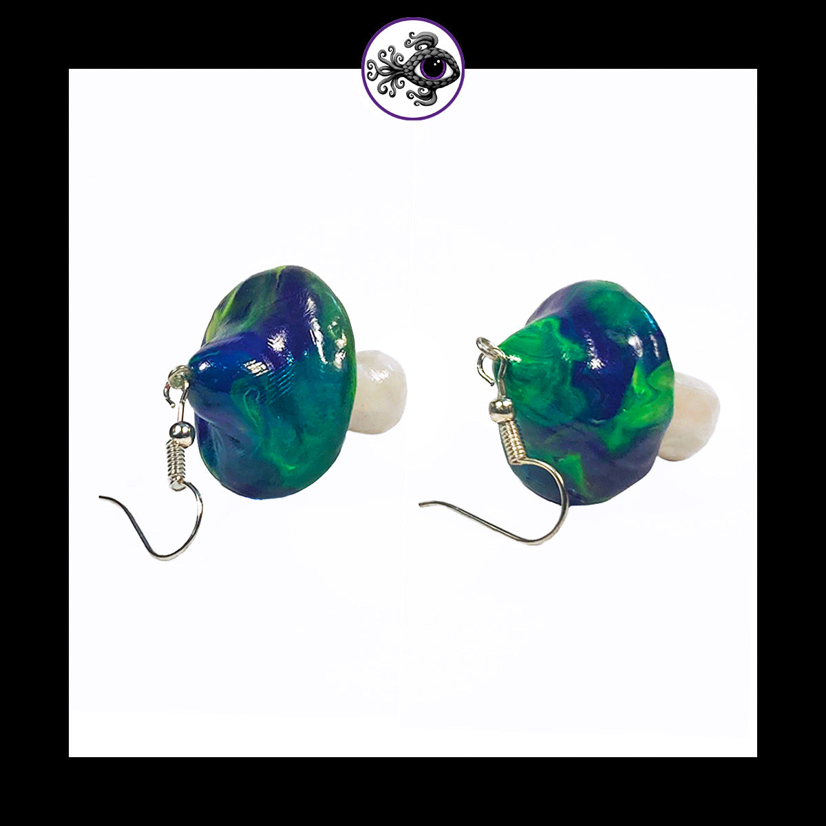 Mushrooms - Blue & Green Swirl - Handmade Clay Dangle Earrings