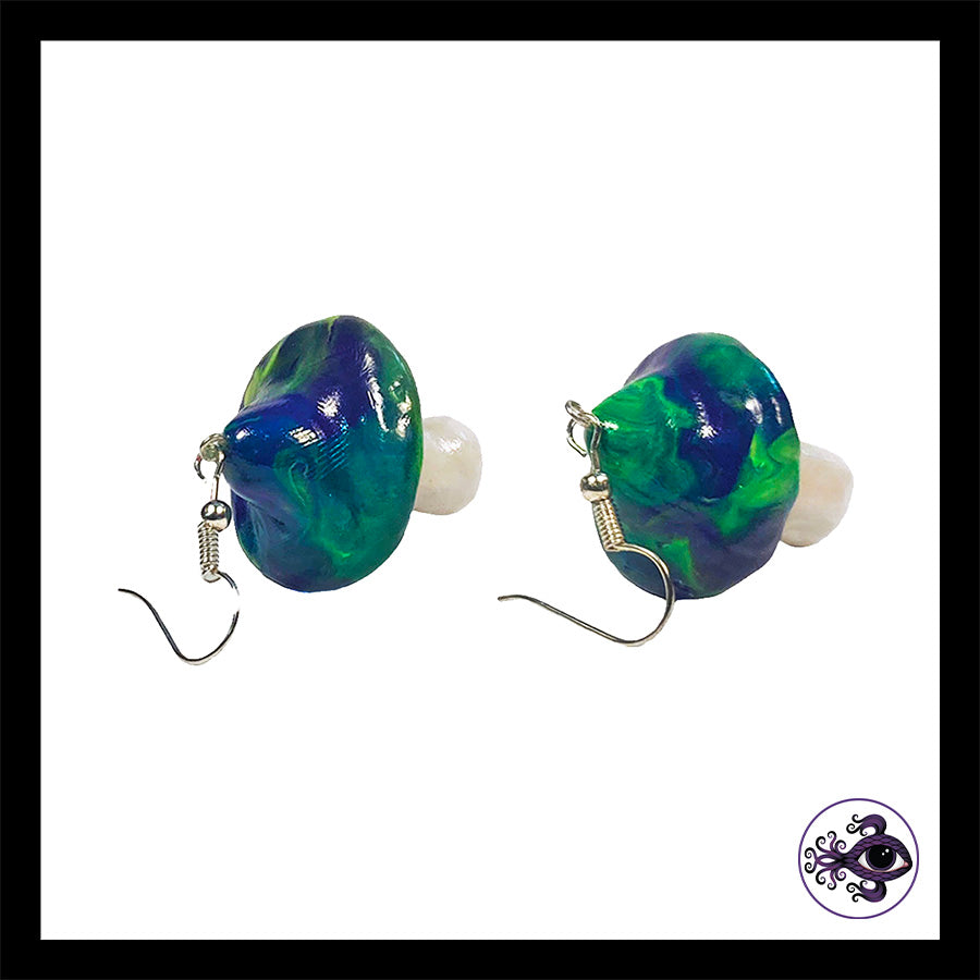Mushrooms - Blue & Green Swirl - Handmade Clay Dangle Earrings