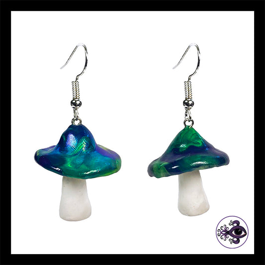 Mushrooms - Blue & Green Swirl - Handmade Clay Dangle Earrings