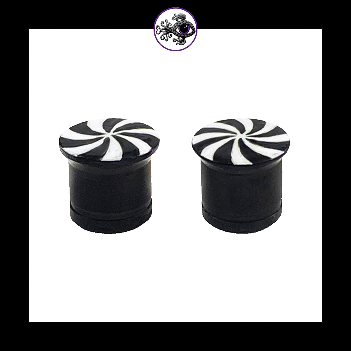 Plugs - 00g 10mm Black & White Swirl - Hand Painted Clay Gauge Earrings in Steel