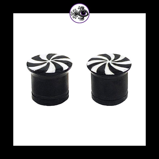 Plugs - 00g 10mm Black & White Swirl - Hand Painted Clay Gauge Earrings in Steel