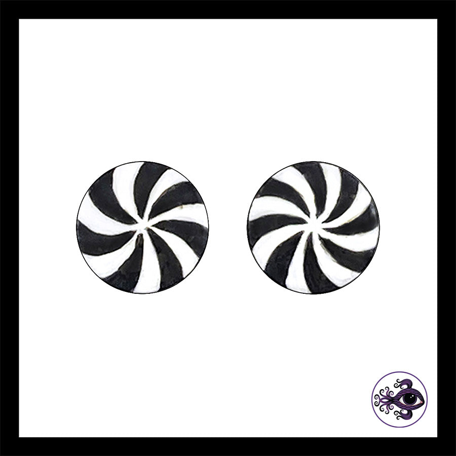 Plugs - 00g 10mm Black & White Swirl - Hand Painted Clay Gauge Earrings in Steel
