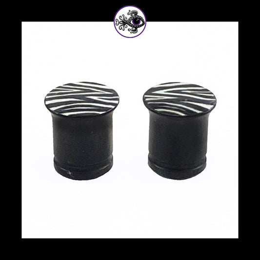 Plugs - 0g 8mm Zebra Stripes - Hand Painted Clay Gauge Earrings in Steel