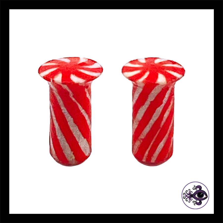 Plugs - 4g 5mm Candy Cane - Handmade & Painted Clay Gauge Earrings