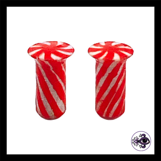 Plugs - 4g 5mm Candy Cane - Handmade & Painted Clay Gauge Earrings