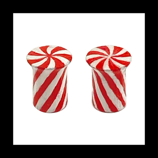 Plugs - 2g 6mm Candy Cane - Hand Painted Clay Gauge Earrings