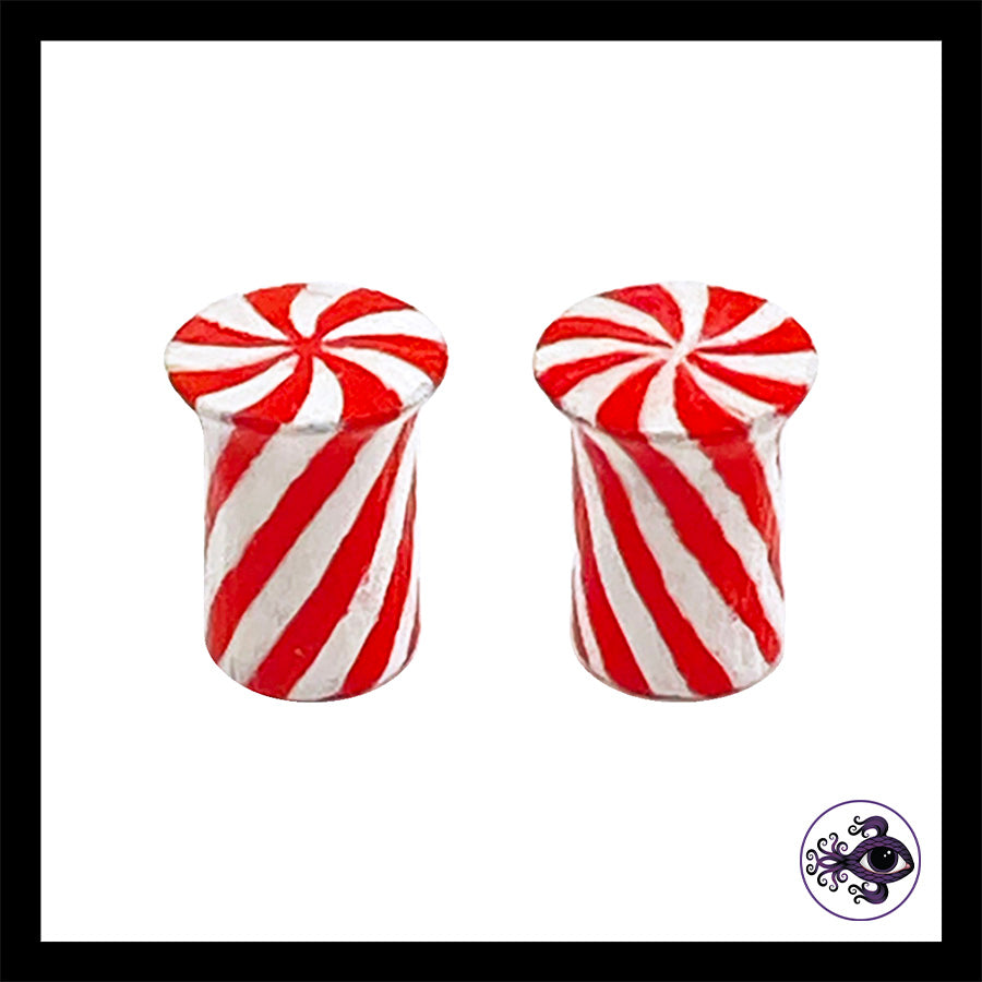 Plugs - 2g 6mm Candy Cane - Hand Painted Clay Gauge Earrings