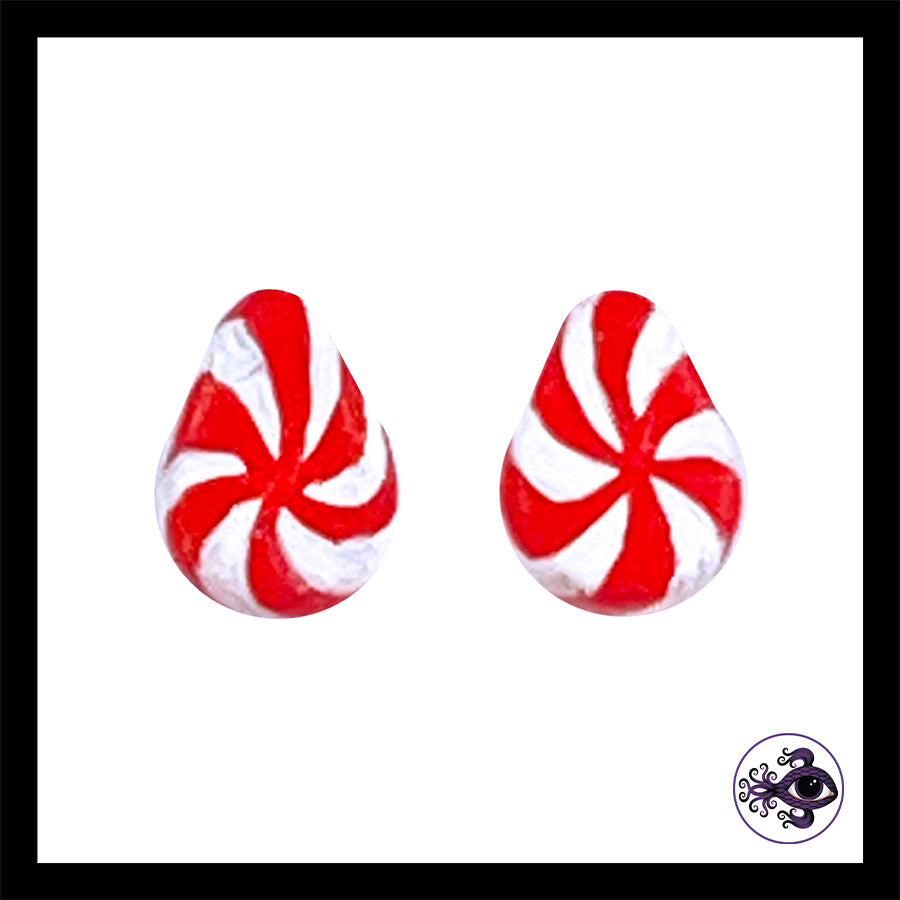 Plugs - 1g 7mm Candy Cane Teardrop - Hand Painted & Sculpted Clay Gauge Earrings