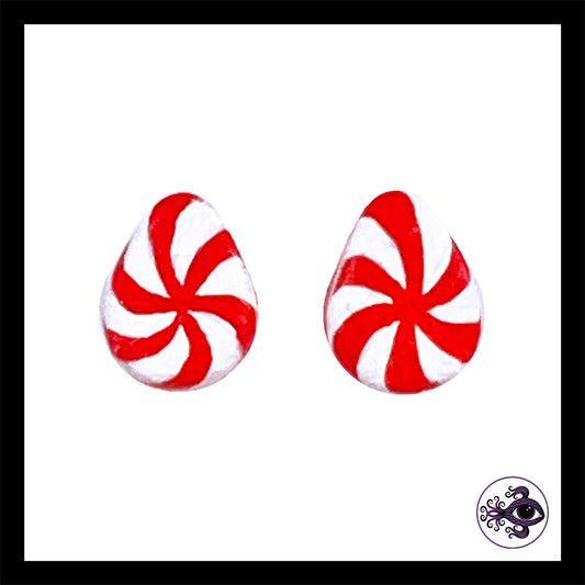 Plugs - 0g 8mm Candy Cane Teardrop - Hand Painted & Sculpted Clay Gauge Earrings