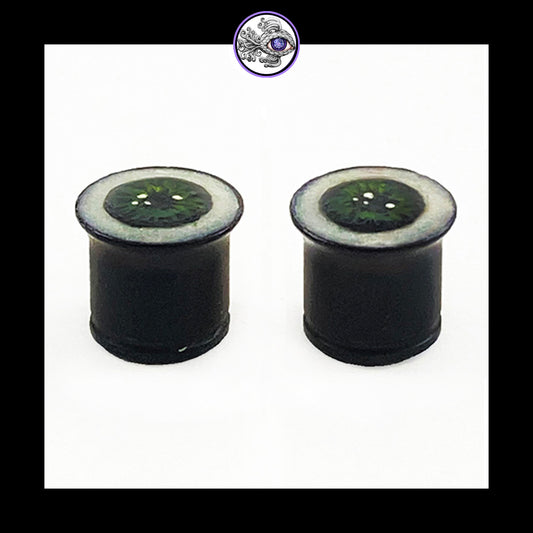 Plugs - 00g 10mm Green Eyes - Hand Painted Clay Gauge Earrings in Steel