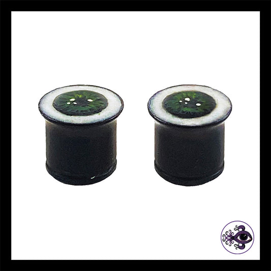 Plugs - 00g 10mm Green Eyes - Hand Painted Clay Gauge Earrings in Steel