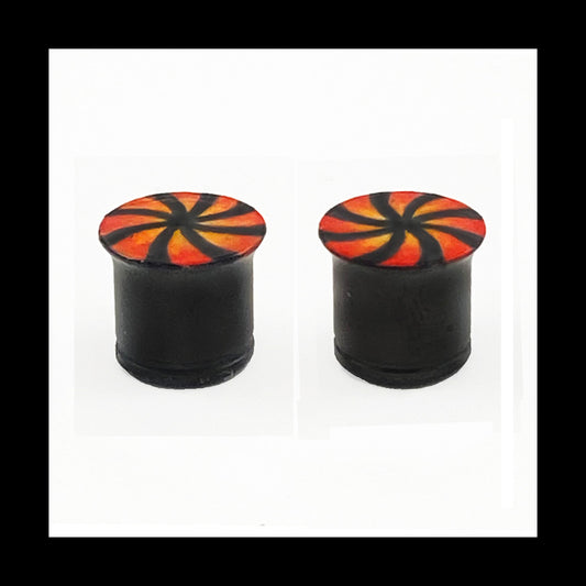 00g 10mm Red, Orange & Black Swirl Hand Painted Clay Plug Gauge Earrings