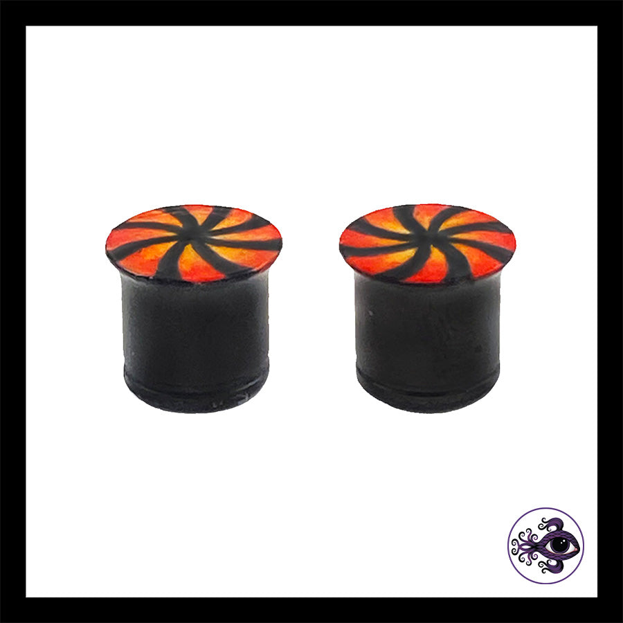 Plugs - 00g 10mm Red, Orange & Black Swirl - Hand Painted Clay Gauge Earrings in Steel