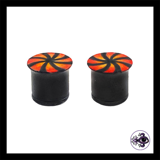 Plugs - 00g 10mm Red, Orange & Black Swirl - Hand Painted Clay Gauge Earrings in Steel