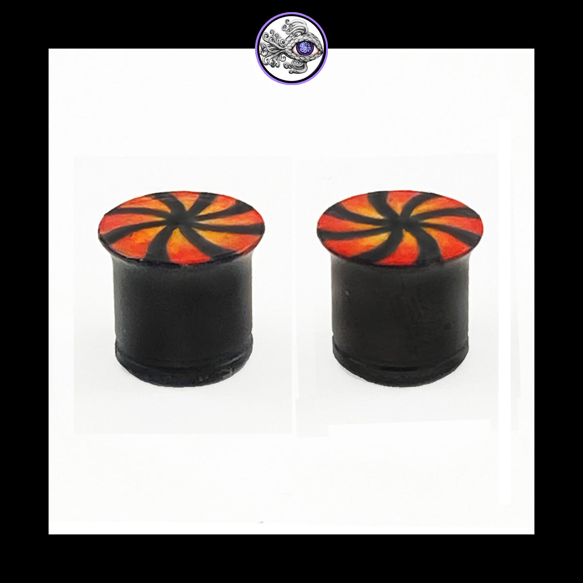 Plugs - 00g 10mm Red, Orange & Black Swirl - Hand Painted Clay Gauge Earrings in Steel