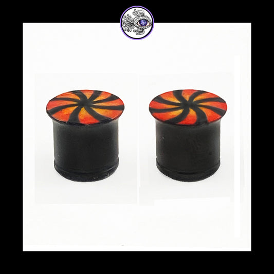 Plugs - 00g 10mm Red, Orange & Black Swirl - Hand Painted Clay Gauge Earrings in Steel