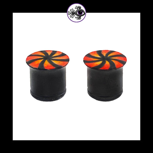 Plugs - 00g 10mm Red, Orange & Black Swirl - Hand Painted Clay Gauge Earrings in Steel