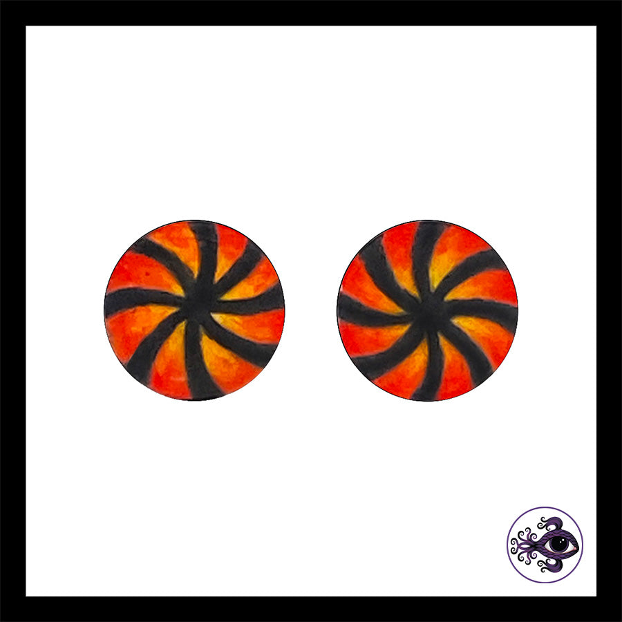 Plugs - 00g 10mm Red, Orange & Black Swirl - Hand Painted Clay Gauge Earrings in Steel