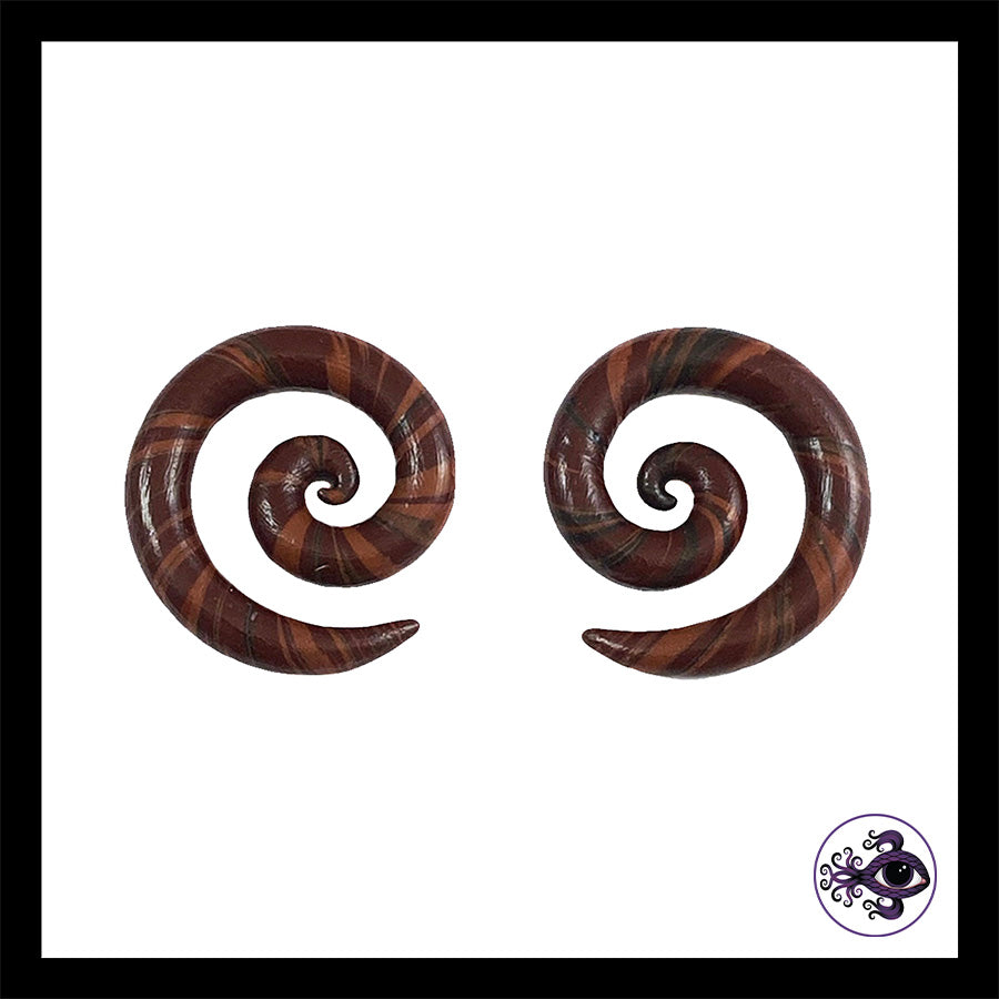 Spiral - 1g 7mm - Brown Swirl - Handmade Clay Gauge Earrings