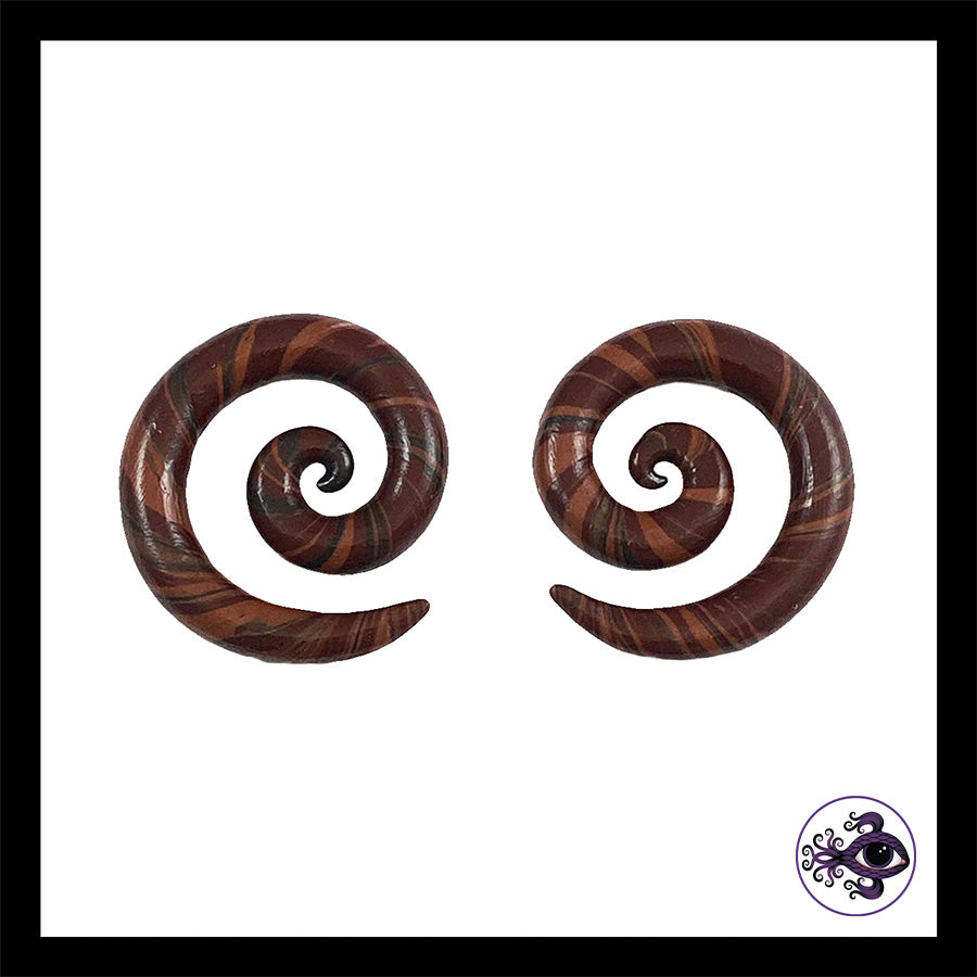 Spiral - 1g 7mm - Brown Swirl - Handmade Clay Gauge Earrings