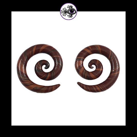 Spiral - 1g 7mm - Brown Swirl - Handmade Clay Gauge Earrings
