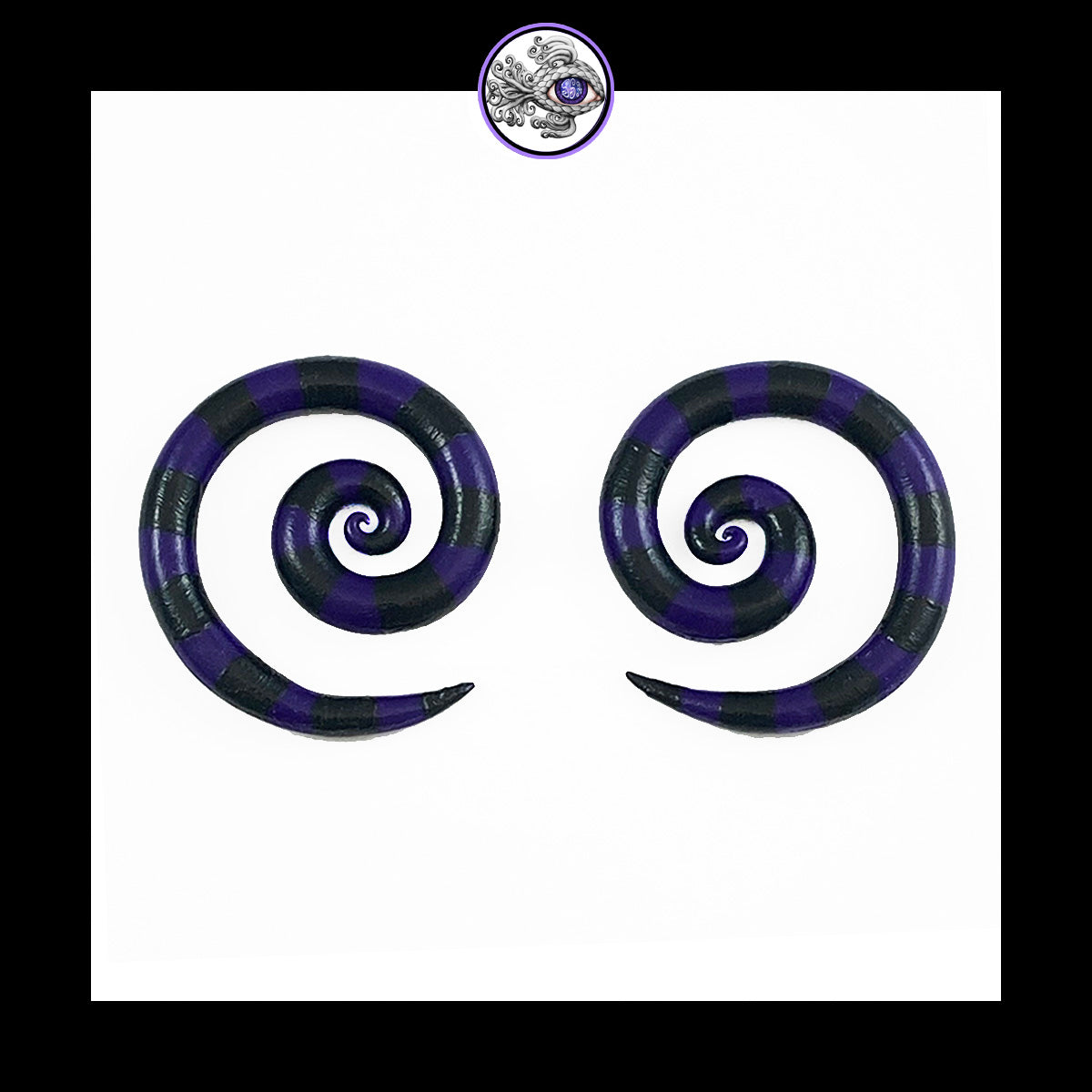 Spiral - 4g 5mm Purple & Black Stripes - Handmade & Painted Clay Gauge Earrings