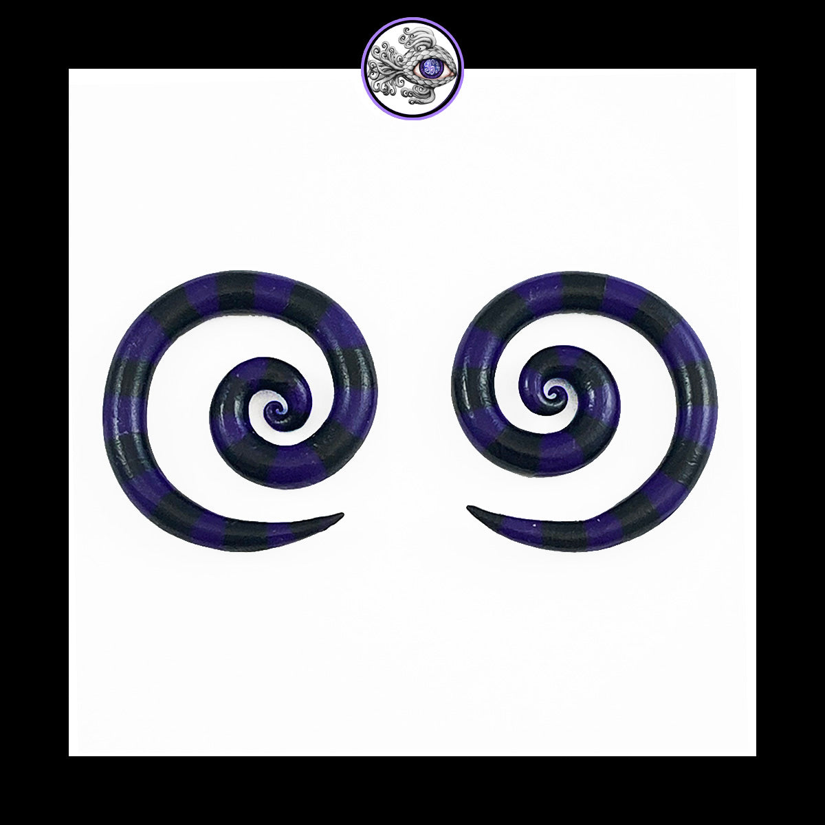 Spiral - 4g 5mm Purple & Black Stripes - Handmade & Painted Clay Gauge Earrings