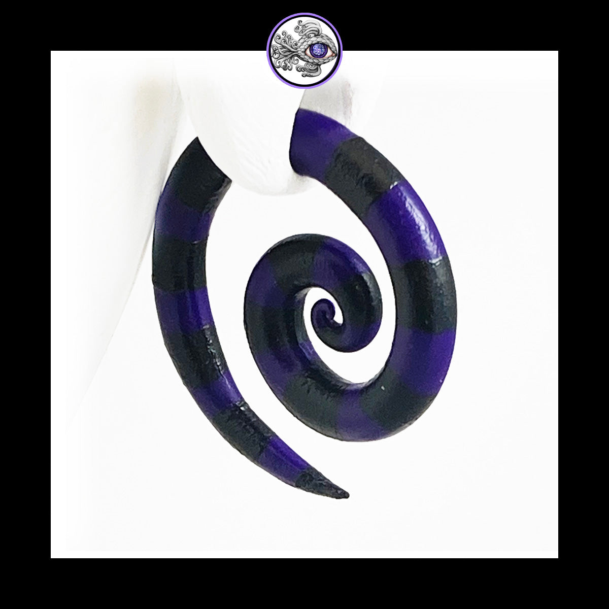 Spiral - 4g 5mm Purple & Black Stripes - Handmade & Painted Clay Gauge Earrings