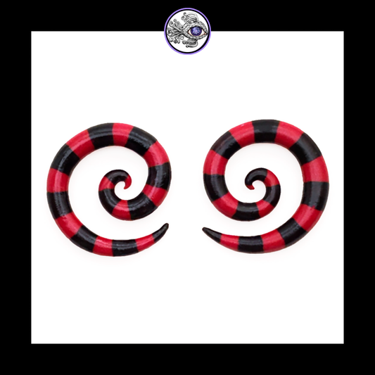 Spiral - 4g 5mm Red & Black Stripes - Handmade & Painted Clay Gauge Earrings *Custom Order Only*