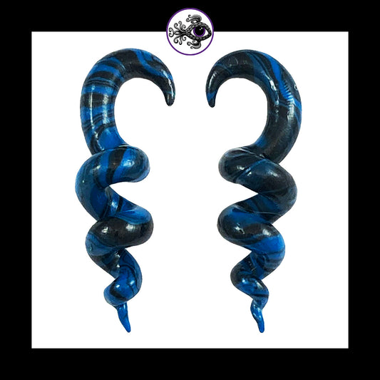 Spiral - Corkscrew - 6g 4mm Blue & Black - Handmade Clay Gauge Earrings