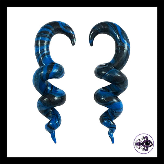 Spiral - Corkscrew - 6g 4mm Blue & Black - Handmade Clay Gauge Earrings