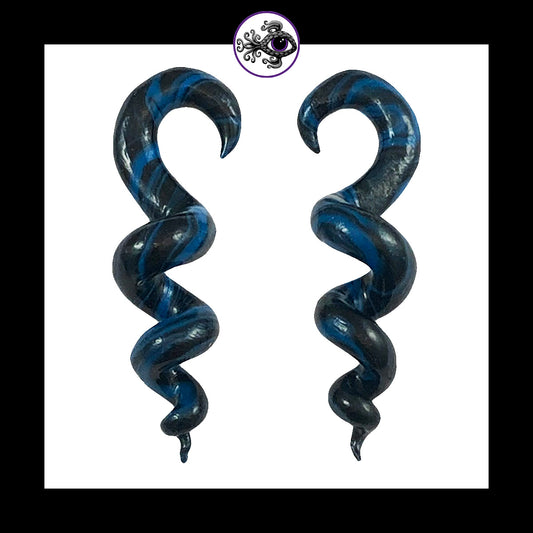 Spiral - Corkscrew - 6g 4mm Blue & Black - Handmade Clay Gauge Earrings