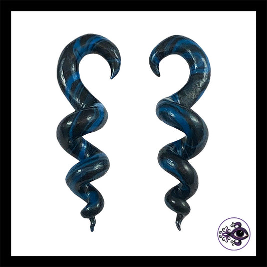 Spiral - Corkscrew - 6g 4mm Blue & Black - Handmade Clay Gauge Earrings