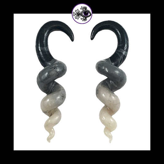 Spiral - Corkscrew -  4g 5mm Gray & Black - Handmade Clay Gauge Earrings