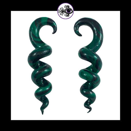 Spiral - Corkscrew - 6g 4mm Green & Black - Handmade Clay Gauge Earrings