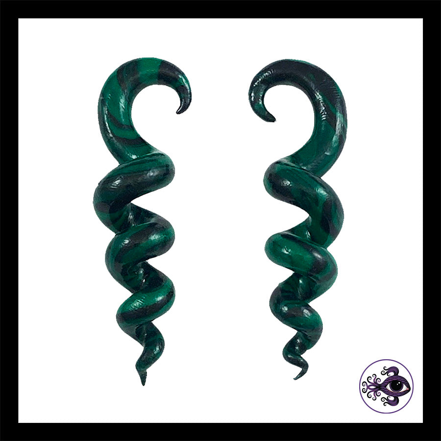 Spiral - Corkscrew - 6g 4mm Green & Black - Handmade Clay Gauge Earrings