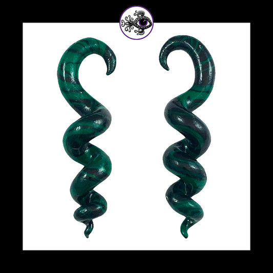 Spiral - Corkscrew - 6g 4mm Green & Black - Handmade Clay Gauge Earrings