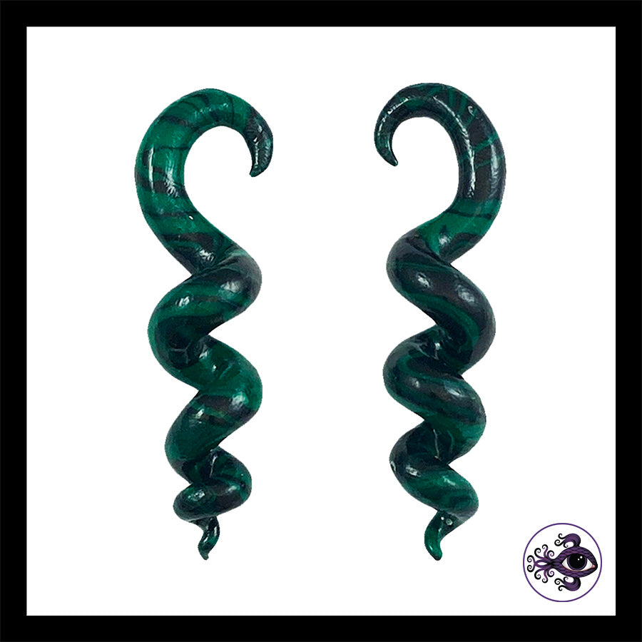Spiral - Corkscrew - 6g 4mm Green & Black - Handmade Clay Gauge Earrings